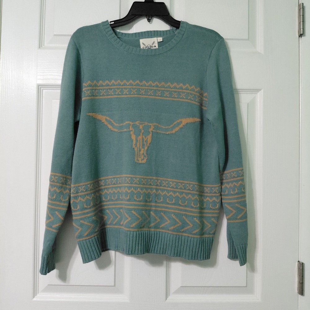 Cotton & Rye Outfitters Teal Southwestern Longhorn Skull Sweater Womens Large